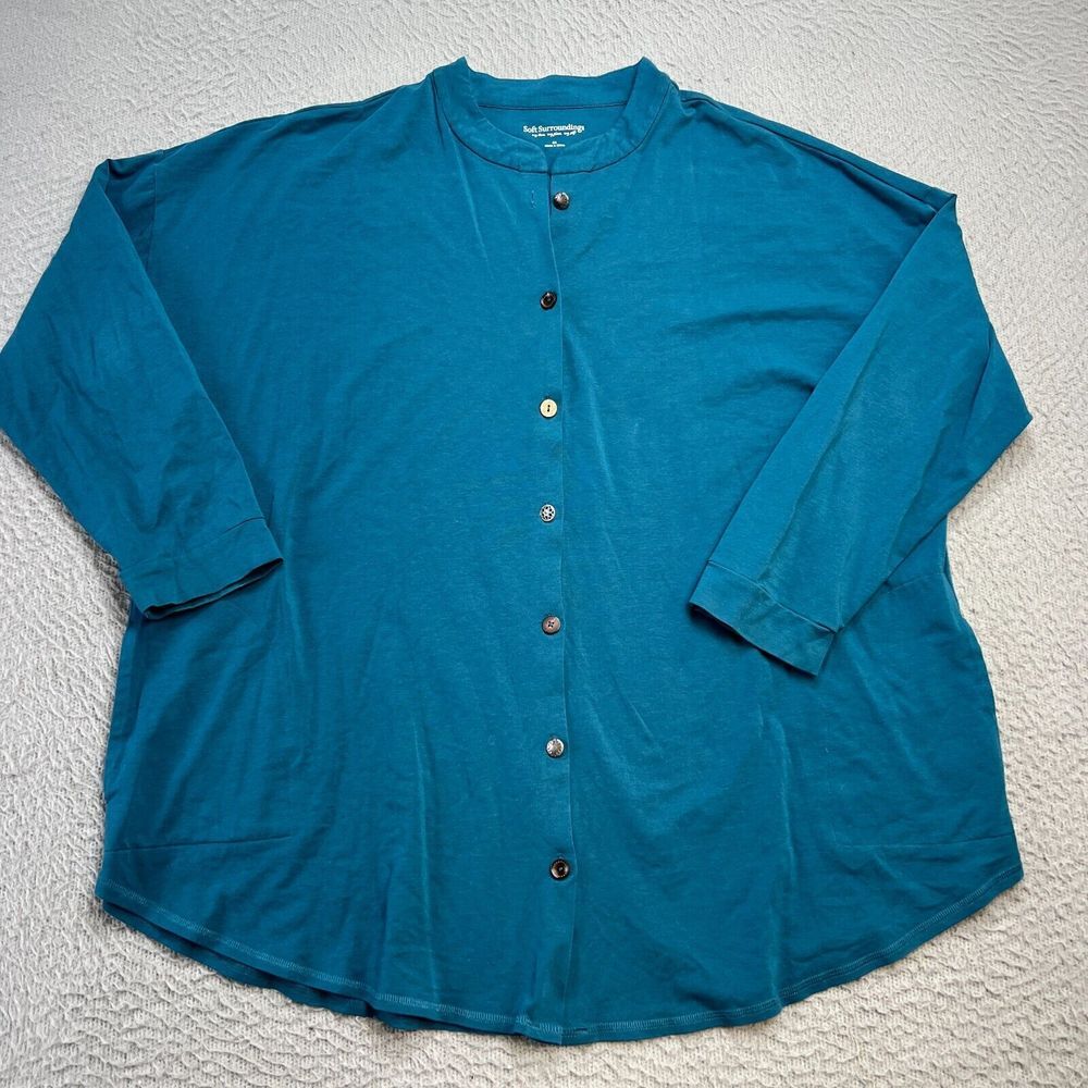 Soft Surroundings Shirt Womens 3X Teal Blue Button Front Stretch Cardigan Pocket